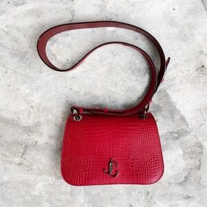 NEW Jimmy Choo Varenne Croc-Embossed Shoulder Bag in red $995